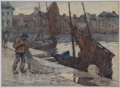 Terrick Williams, Quayside Scene with Fishermen unloading their Catch, probably Concarneau, France, watercolour