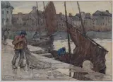 Terrick Williams, Quayside Scene with Fishermen unloading their Catch, probably Concarneau, France, watercolour