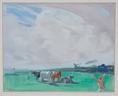 Frank Reynolds, Cows on a Cricket Pitch, watercolour with gouache