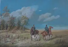Georges de Swertschkoff, Sujet de Chasse en Russie', and Cosaques, Chevaux et Barzoi (Hunting Scenes with Russian Barzoi Dogs), 1935, two watercolours with gouache and pastel