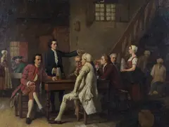 Eugène Fichel, Gentlemen seated around a Table in a Tavern Interior, Drinks served from Jugs emblazoned with the Star of David, 1858, oil on panel