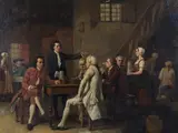 Eugène Fichel, Gentlemen seated around a Table in a Tavern Interior, Drinks served from Jugs emblazoned with the Star of David, 1858, oil on panel