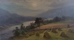 Joseph Farquharson, Scottish Valley with Corn Stooks and River, oil on canvas