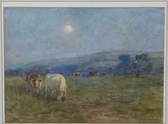 Arthur Winter Shaw, Rising Moon' (Cattle grazing at Amberley), watercolour
