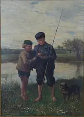 William Weekes, Two Boys fishing with Terrier, 1875, oil on canvas