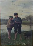William Weekes, Two Boys fishing with Terrier, 1875, oil on canvas