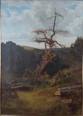 Frank Walton, A Woodsman seated on Felled Timber in a Rolling Landscape, oil on canvas