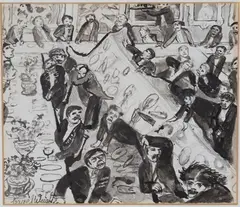 Carel Weight, Disaster at the Academy Banquet, monochrome ink and watercolour
