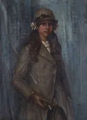 Bertha Dorph, Three-quarter Length Portrait of a Lady wearing a Cloche Hat and holding a Riding Crop, 1914, oil on canvas