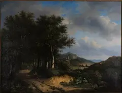Adolphe Lacomble, Boy and Dog on a Lane in a Landscape, oil on canvas