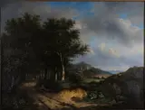 Adolphe Lacomble, Boy and Dog on a Lane in a Landscape, oil on canvas
