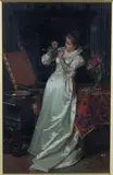 Pio Ricci, A Lady wearing a Silk Gown within an Interior Setting, arranging a Bouquet of Flowers, oil on canvas