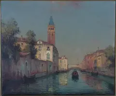 Gondolier on a Venetian Backwater by Colette Bouvard, oil on canvas, sold Dec 2021