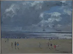 Campbell Archibald Mellon, Beach Scene with Figures and Distant Sailing Vessels, oil on board