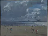 Campbell Archibald Mellon, Beach Scene with Figures and Distant Sailing Vessels, oil on board