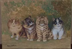 Louis Wain, Four Kittens in a Garden Setting, watercolour with gouache on paper laid onto card