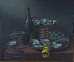 Brian Davies, Still Life with Champagne, Oysters and Grapes, oil on canvas