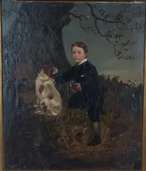 S. McMan, Boy holding a Riding Crop with a Spaniel beside a Tree, 1877, oil on canvas