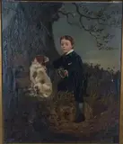 S. McMan, Boy holding a Riding Crop with a Spaniel beside a Tree, 1877, oil on canvas