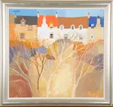 George Birrell, Terrace of Cottages beyond a Thicket of Trees, late 20th/early 21st century oil on board