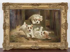 Lilian Cheviot, Three Terrier Puppies playing in a Barn, oil on canvas