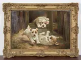 Lilian Cheviot, Three Terrier Puppies playing in a Barn, oil on canvas