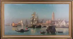 Friedrich Nerly, View of the Dogana, Venice, with a Ship being Righted, oil on canvas