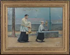 P. Baysse, Priest and Altar Boy walking along a Street, 1925, oil on canvas