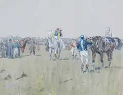 Peter Biegel, Though the Blue Sky Shone Brightly, and the Larks Sang Aloud' (Racehorses and Jockeys at Aintree), 1953, watercolour and gouache