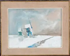 John Heritage, Windmills in a Snowy Landscape, oil on board