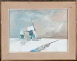 John Heritage, Windmills in a Snowy Landscape, oil on board