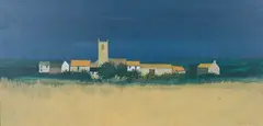 David Humphreys, Landscape with Church and Cottages, acrylic on board