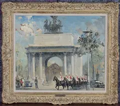 Leslie Arthur Wilcox, Queen's Life Guards passing Wellington Arch at Hyde Park Corner, oil on canvas