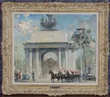 Leslie Arthur Wilcox, Queen's Life Guards passing Wellington Arch at Hyde Park Corner, oil on canvas