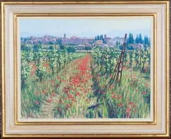 Lionel Aggett, Poppies and Vines, Bevagna, Umbria, pastel on board