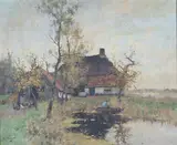 Rural Scene with Cottage and Woman feeding Chickens near a Man in a Punt by Arie Johannes Zwart, oil on canvas, sold Jun 2021
