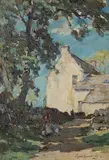 Owen Bowen, Mother and Child on a Path near a Cottage, oil on canvas