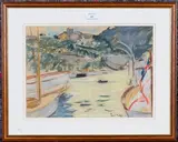 Paul Maze, View from Boats at Anchor towards a Harbour and Villa, pastel