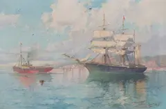Sailing Vessel pulled by a Tug Boat by Francisco Hernández Monjo, oil on canvas, sold Jun 2021