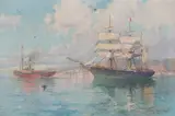 Francisco Hernández Monjo, Sailing Vessel pulled by a Tug Boat, oil on canvas