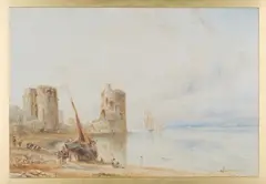 View of a Ruined Castle with Beached Boat and Figures Swimming at the Water's Edge by William Joseph J. C. Bond, watercolour and ink, sold Feb 2021