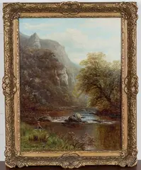 View in Dovedale' (Angler on the Bank of a River) by William Mellor, oil on canvas, sold Feb 2021