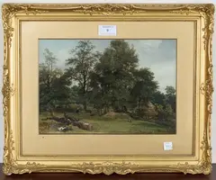 W. Rider, Rural Scene with Figures talking over a Fence near a Dog running in a Field, 1823, oil on board