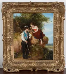Robert Gavin, Young Boy with a Fishing Rod beside Two Children gazing into a Pot on a Riverbank, oil on panel