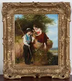 Robert Gavin, Young Boy with a Fishing Rod beside Two Children gazing into a Pot on a Riverbank, oil on panel