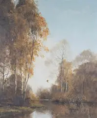 Walter Robert Jennings, Autumnal View with Duck flying above a River, oil on canvas