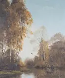 Walter Robert Jennings, Autumnal View with Duck flying above a River, oil on canvas