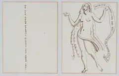 Laura Knight, Christmas Card Design with Female Nude holding a Scroll, two panel pen and ink