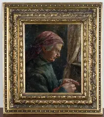 E. Kowolski, Elderly Lady knitting, oil on canvas