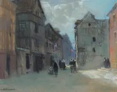 Leonard Richmond, A Street in Rouen, France, charcoal and pastel
